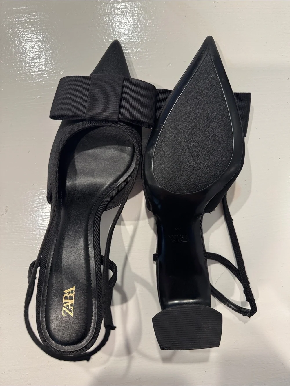ZARA Black Bow Slingback Heels Pointed Toe - Size 8 EU 39 - Picture 3 of 8